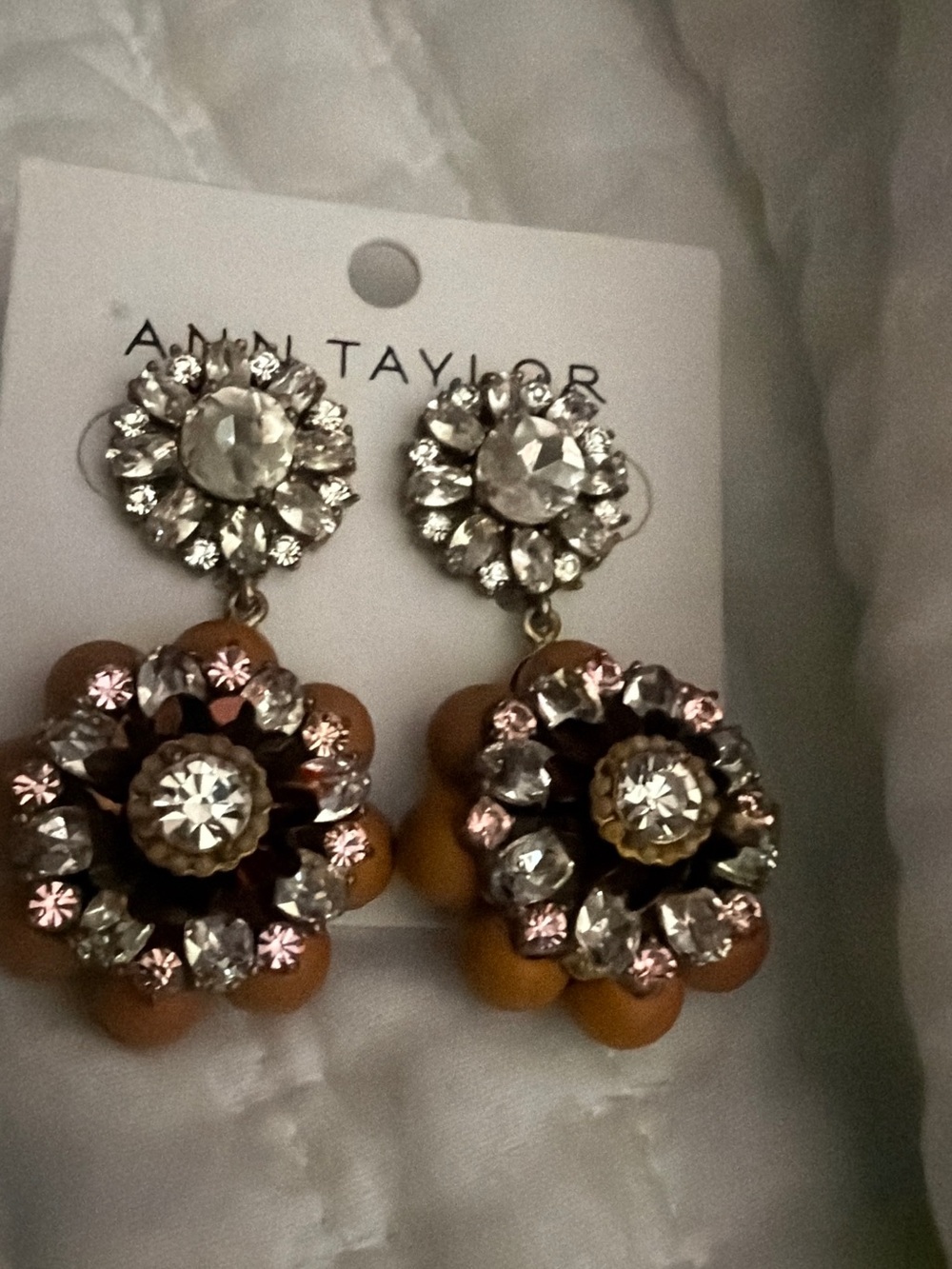Ann Taylor Pink, Clear and Gold Floral Crystal Drop Earrings
